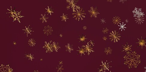 Christmas background with golden snowflakes falling on a burgundy red background. Suitable for holidays, winter, Christmas cards, and festive de