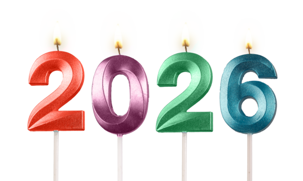 Glossy shining 2026 candle numbers burning with warm light, symbol of holiday spirit, celebration