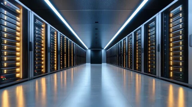 High density server racks aisle with glowing status lights sleek modern data center corridor