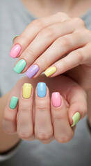 Young Woman's Hands Showcasing a Trendy Pastel Rainbow Manicure with Smooth, Cared Skin