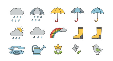 Fototapeta premium Collection of colorful spring weather icons including rain clouds, umbrellas, boots, watering can, flowers and a bird