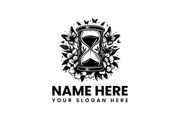 Black and white illustrative logo of an hourglass surrounded by flowers and butterflies, with space for text