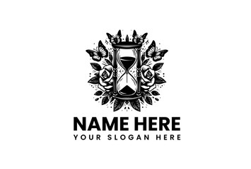 Intricate hourglass adorned with a majestic crown, blooming roses, and delicate butterflies, symbolizing timeless elegance and the ephemeral nature of beauty