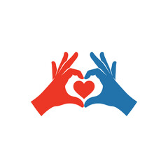 Red and blue hands forming heart shape against white backdrop symbolize love, unity, and connection in a minimalist and symbolic representation.