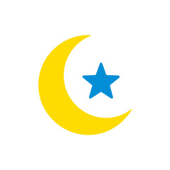 Yellow crescent moon and blue star symbolize islamic faith and culture during ramadan on white backdrop, representing spirituality and tradition.