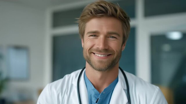 male physician smiling at camera with stethoscope bright hospital branding photo professional image three quarter wide angle cinematic color correction gentle backlight clean