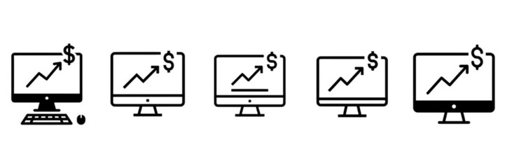 Desktop Monitor Financial Growth and Online Profit Vector Icons