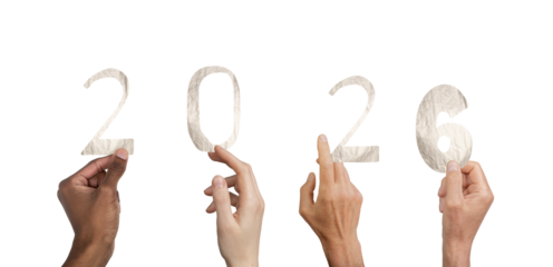 Hands raising metallic 2026 digits representing New Year celebration, isolated on white background.