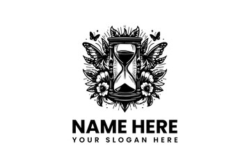 Elegant Hourglass Emblem with Butterfly Wings and Floral Accents - Logo Design