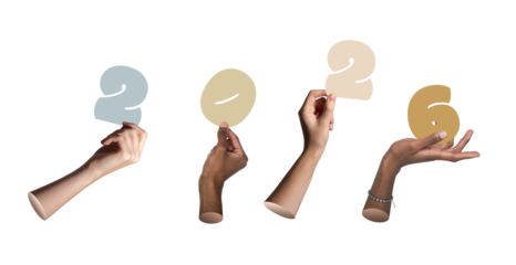 Hands of different nationalities holding pastel 2026 numbers symbolizing celebration, isolated on