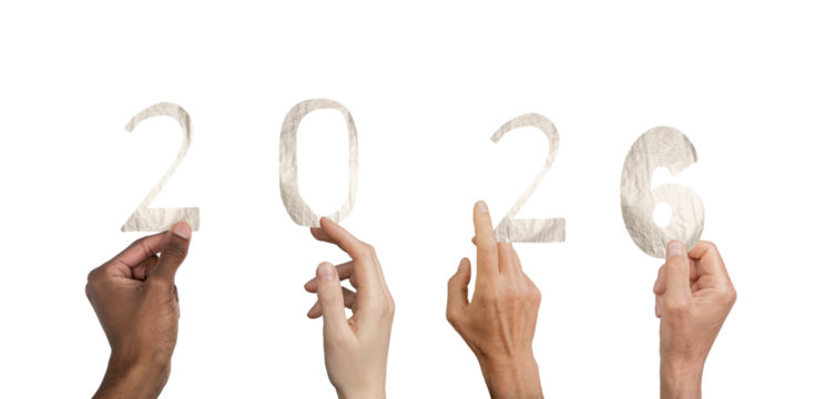 Hands raising metallic 2026 digits representing New Year celebration, isolated on white background.