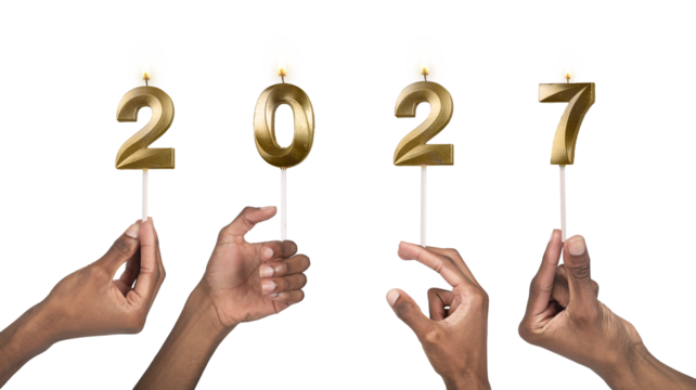 Hands raising golden 2027 number candles as symbol of festive mood, New Year party and optimism
