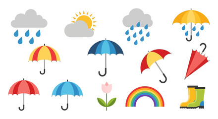 Fototapeta premium Set of weather icons including rain, sun, clouds, umbrellas, rainbow, tulip, and boots