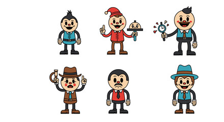 Naklejka premium Retro cartoon characters collection, diverse roles and professions, whimsical designs, vintage
