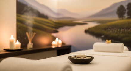 Tranquil Spa Room Features Soft Lighting, a Calming Landscape Mural, and Treatment Table with Warm Stones.