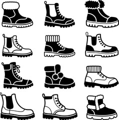 Set of unisex warm footwear, black minimalist vector illustration. Includes boots, insulated shoes. Casual autumn or winter footwear collection