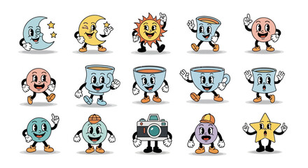 Collection of retro cartoon characters with trendy design and vibrant color palette ideal for
