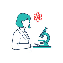 Female scientist examines sample with microscope in laboratory, researching new atom model with focus and precision, showcasing scientific discovery.