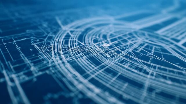 Detailed architectural blueprint with white lines on a blue background slowly panning across the technical drawing, showing circles, grids, and construction schematics with shallow depth of field