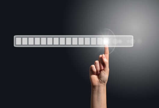 Loading bar interface. Female hand touching digital screen in cyberspace, symbol of AI technology, - Powered by Adobe