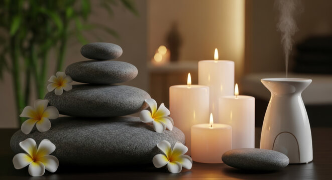 A serene spa scene with stacked zen stones, flickering candles, plumeria flowers, and a steaming aroma diffuser.
