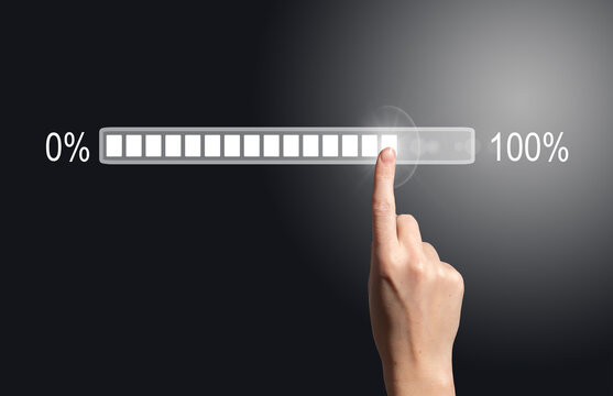 Loading bar progress concept. Female hand touching digital screen from 0 to 100 percent, symbol of