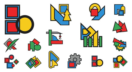 Collection of Geometric Icons with Abstract Compositions and Vivid Colors for Design