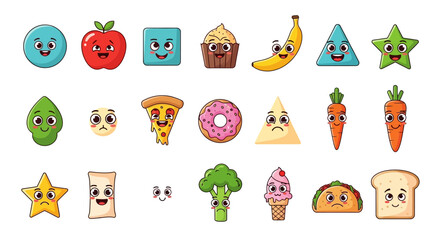 Delightful cartoon fruits vegetables and snacks with expressive kawaii faces create a playful