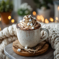 Cup of hot chocolate with whipped cream and marshmallows on cozy winter background