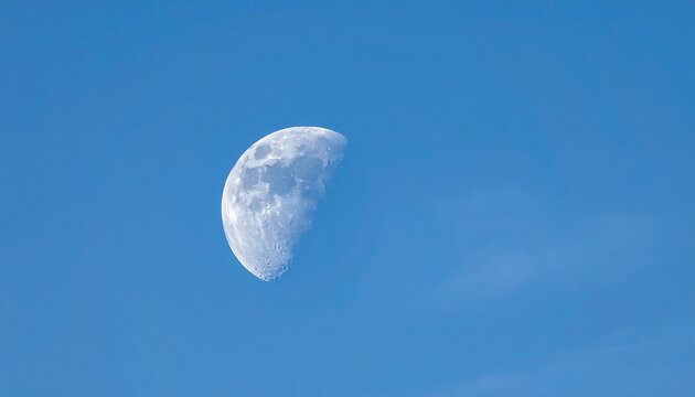 A close-up view capturing the textured surface of a half-illuminated celestial body against a gradient, clear blue sky