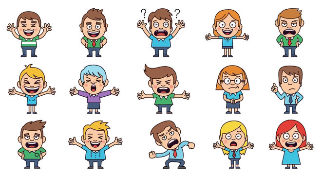 Diverse group of cartoon characters showcasing various emotions and expressions in a playful style