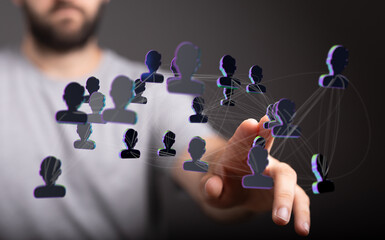 Concept of global communication, social media, and digital networking visualized with floating human figures connected by lines. Ideal for busin