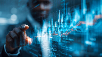 Businessperson interacting with futuristic digital financial charts and data visualizations for market analysis in a high-tech modern technology environment
