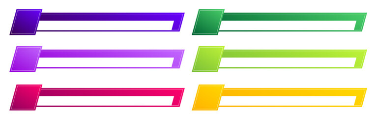 Set of six colorful lower third banners with slanted parallelogram shapes. Pink, green, purple, mauve, and orange gradients. Modern geometric style, perfect for video overlays and motion graphics.