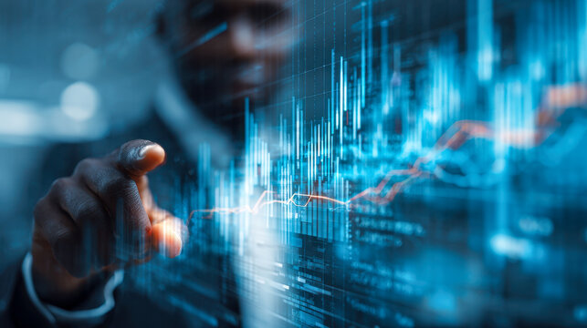 Businessperson interacting with futuristic digital financial charts and data visualizations for market analysis in a high-tech modern technology environment