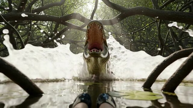 First person POV of a giant prehistoric dinosaur attacking and splashing out of swamp water in a mangrove forest 3D render.