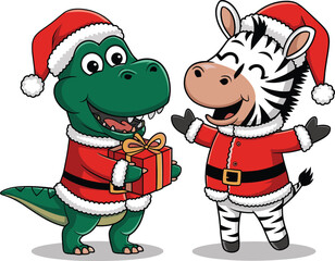 A festive dinosaur and zebra, both wearing red Santa suits and hats, each holding a holiday gift. 