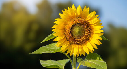 Fototapeta premium Vibrant Sunflower Close-Up Golden Petals and Spiraling Seed Head Illuminated by Gentle Sunlight.
