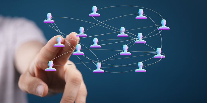 Hand pointing at connected people representing networking, social connections, digital communication, global network, teamwork, and business rel - Powered by Adobe