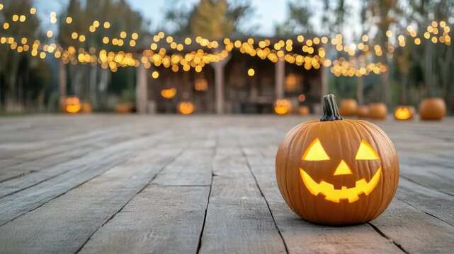 Pumpkin jack o lantern on wooden porch with string lights autumn glowing warmly festive bokeh
