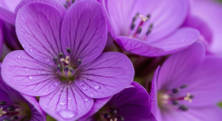 Stunning Macro Close-up of Vibrant Purple Flowers with Delicate Water Droplets on Petals