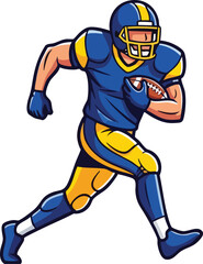 Illustration of a football player in a blue and yellow uniform running with the ball on a white background.