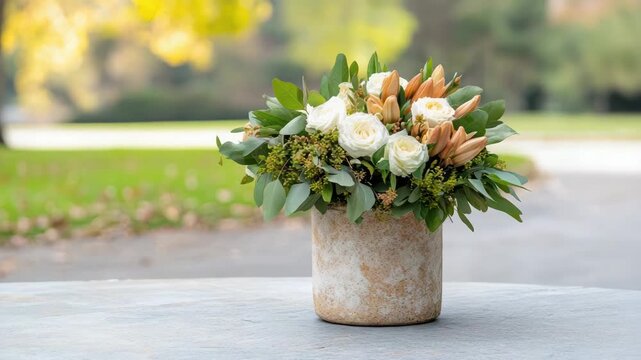 Elegant white rose peach lily floral arrangement rustic ceramic vase with lush greenery serene