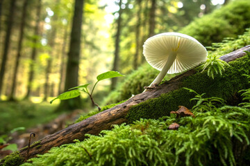 Macro shot of white mushroom with ruffled gills on mossy log in lush forest