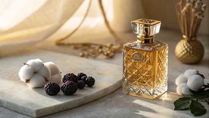 Luxury golden perfume bottle with soft lighting