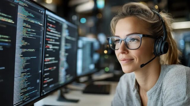 Young woman programmer with headset and glasses focused computer monitors displaying code