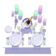 An elegant and romantic candlelit dinner table set for two, featuring champagne and a sophisticated arrangement for a special celebration