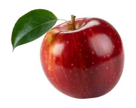 A single red apple with a green leaf, isolated on transparent background