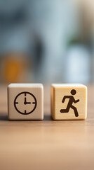 Wooden Cubes with Clock and Running Person Icons, Time Management, Deadline, Schedule, Punctuality, Business Motivation, Urgency and Planning on Blurred Office Background. Vertical bg