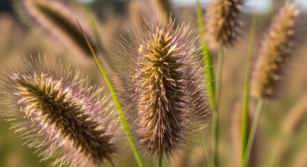 Fototapeta premium Sun-Kissed Marvel Grass Seed Heads Close-Up A Beautiful Natural Wallpaper Background